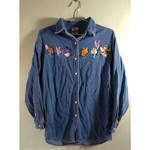 Vintage Disney Winnie The Pooh Long Embroidered Cotton Denim Button Down Shirt S